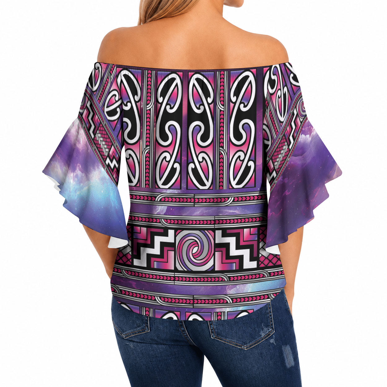 Maori Matariki Off Shoulder Wrap Waist Top Pink Galaxy Aesthetic Koru Art