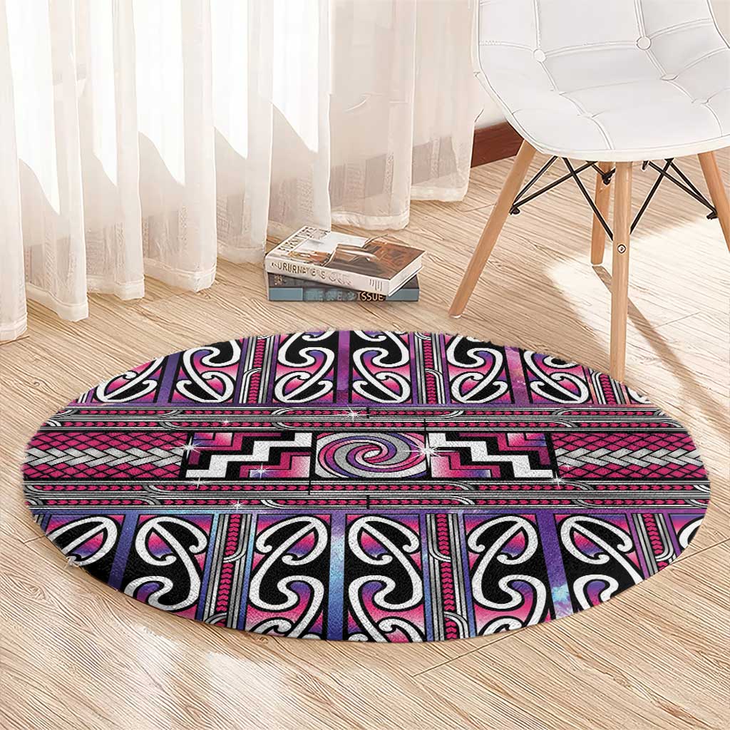 Maori Matariki Round Carpet Pink Galaxy Aesthetic Koru Art