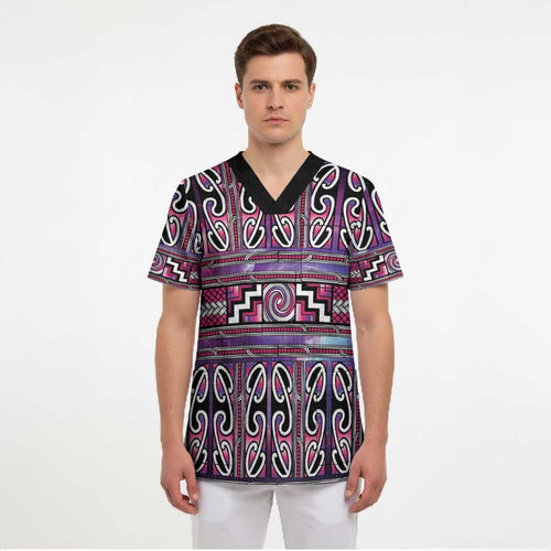 Maori Matariki Scrub Top Pink Galaxy Aesthetic Koru Art