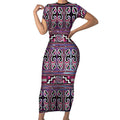 Maori Matariki Short Sleeve Bodycon Dress Pink Galaxy Aesthetic Koru Art