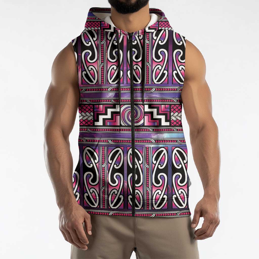 Maori Matariki Sleeveless Zip Hoodie Pink Galaxy Aesthetic Koru Art