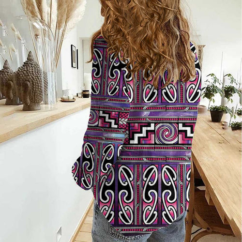 Maori Matariki Women Casual Shirt Pink Galaxy Aesthetic Koru Art