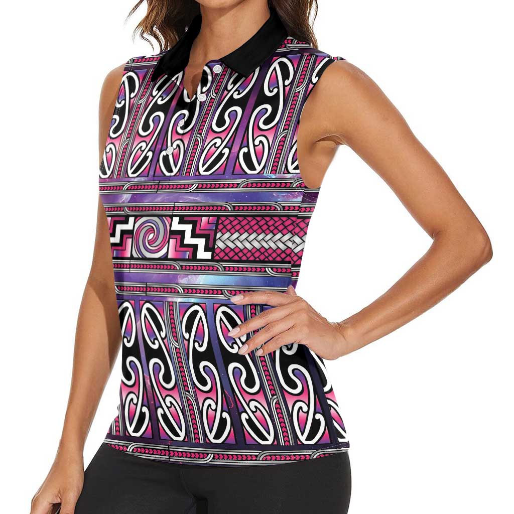 Maori Matariki Women Sleeveless Polo Shirt Pink Galaxy Aesthetic Koru Art