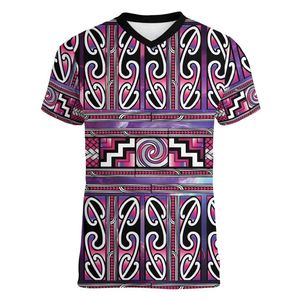 Maori Matariki Women V-Neck T-Shirt Pink Galaxy Aesthetic Koru Art