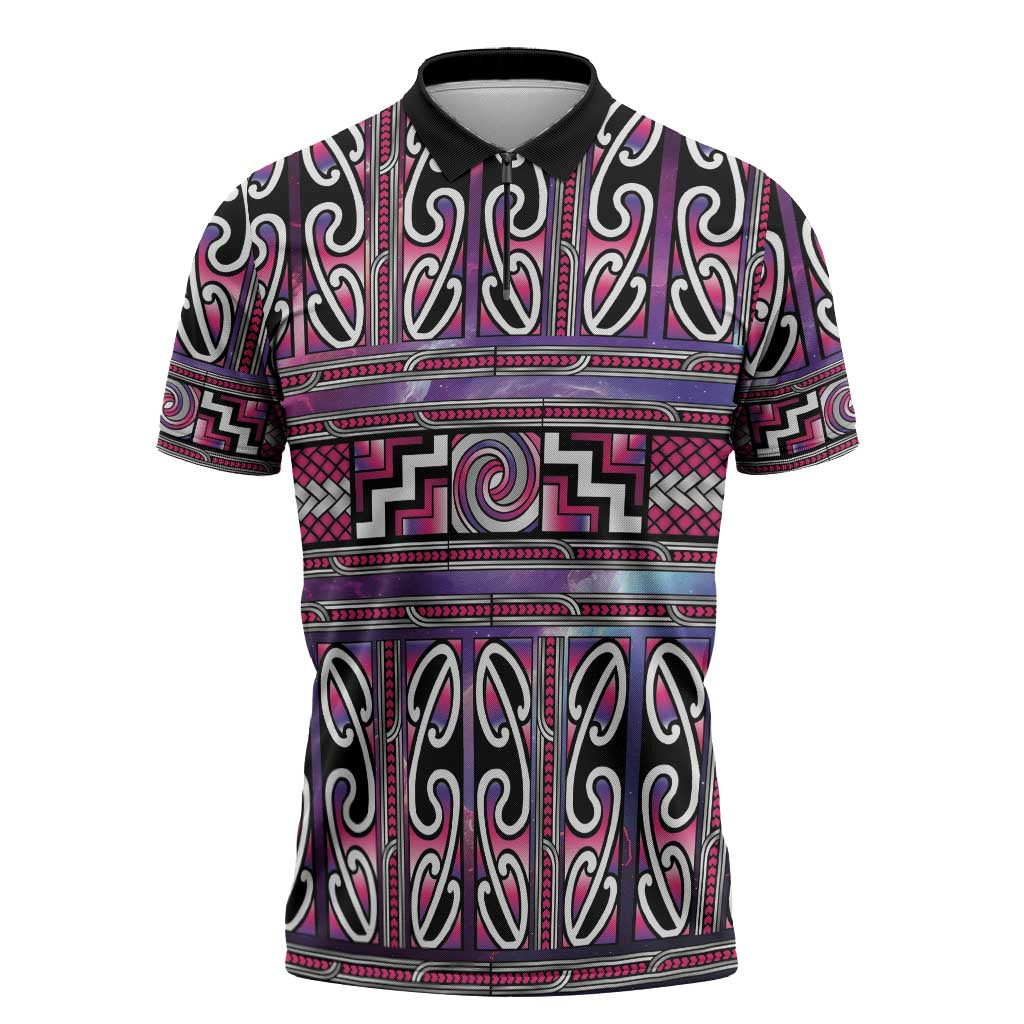 Maori Matariki Zipper Polo Shirt Pink Galaxy Aesthetic Koru Art