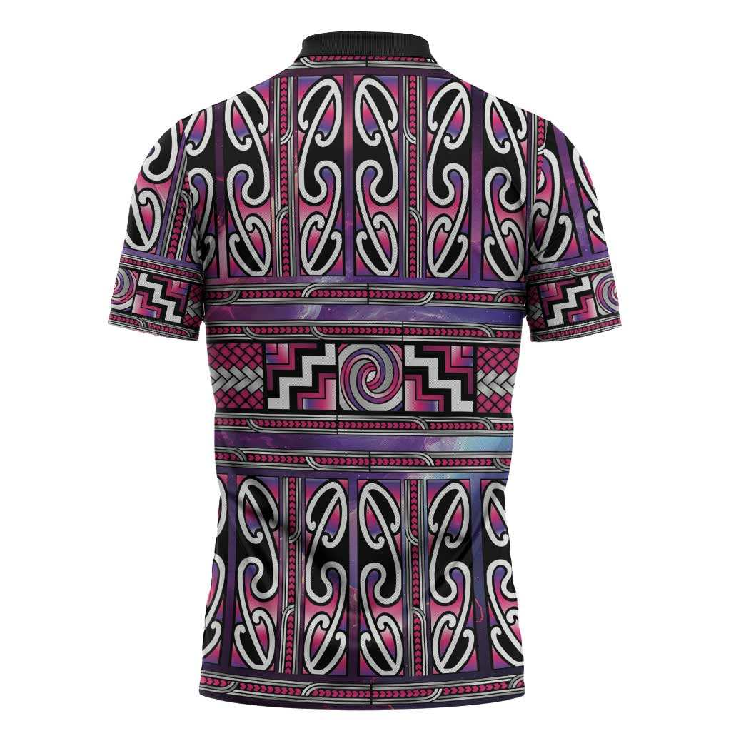 Maori Matariki Zipper Polo Shirt Pink Galaxy Aesthetic Koru Art