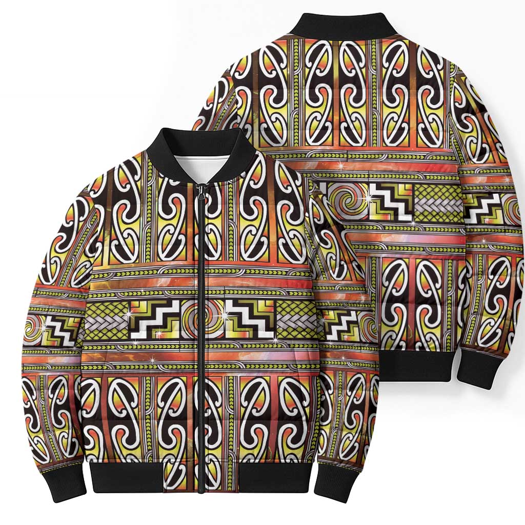 Maori Matariki Bomber Puffer Jacket Yellow Galaxy Aesthetic Koru Art