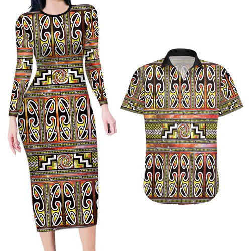 Maori Matariki Couples Matching Long Sleeve Bodycon Dress and Hawaiian Shirt Yellow Galaxy Aesthetic Koru Art