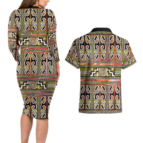 Maori Matariki Couples Matching Long Sleeve Bodycon Dress and Hawaiian Shirt Yellow Galaxy Aesthetic Koru Art