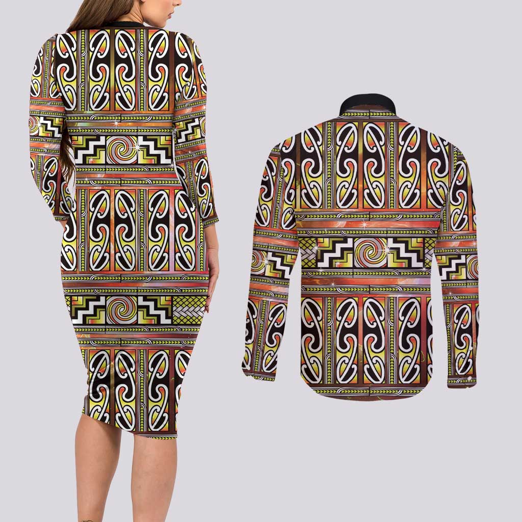 Maori Matariki Couples Matching Long Sleeve Bodycon Dress and Long Sleeve Button Shirt Yellow Galaxy Aesthetic Koru Art