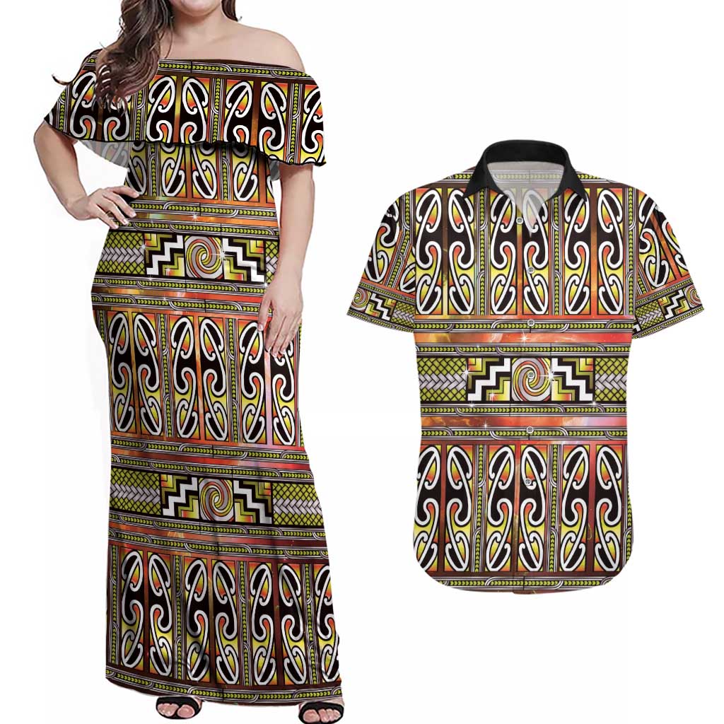 Maori Matariki Couples Matching Off Shoulder Maxi Dress and Hawaiian Shirt Yellow Galaxy Aesthetic Koru Art