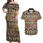 Maori Matariki Couples Matching Off Shoulder Maxi Dress and Hawaiian Shirt Yellow Galaxy Aesthetic Koru Art