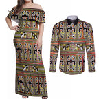 Maori Matariki Couples Matching Off Shoulder Maxi Dress and Long Sleeve Button Shirt Yellow Galaxy Aesthetic Koru Art