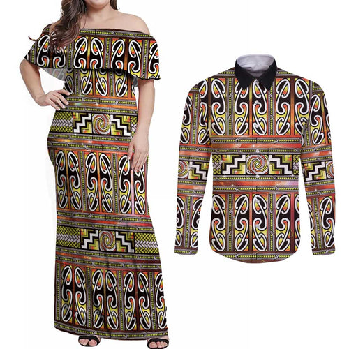 Maori Matariki Couples Matching Off Shoulder Maxi Dress and Long Sleeve Button Shirt Yellow Galaxy Aesthetic Koru Art