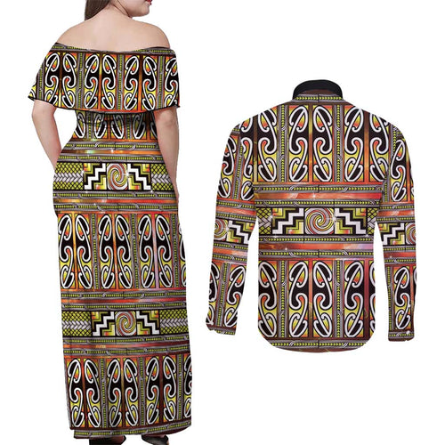 Maori Matariki Couples Matching Off Shoulder Maxi Dress and Long Sleeve Button Shirt Yellow Galaxy Aesthetic Koru Art