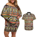 Maori Matariki Couples Matching Off Shoulder Short Dress and Hawaiian Shirt Yellow Galaxy Aesthetic Koru Art