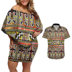 Maori Matariki Couples Matching Off Shoulder Short Dress and Hawaiian Shirt Yellow Galaxy Aesthetic Koru Art