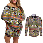 Maori Matariki Couples Matching Off Shoulder Short Dress and Long Sleeve Button Shirt Yellow Galaxy Aesthetic Koru Art