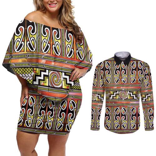 Maori Matariki Couples Matching Off Shoulder Short Dress and Long Sleeve Button Shirt Yellow Galaxy Aesthetic Koru Art