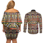 Maori Matariki Couples Matching Off Shoulder Short Dress and Long Sleeve Button Shirt Yellow Galaxy Aesthetic Koru Art