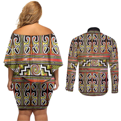 Maori Matariki Couples Matching Off Shoulder Short Dress and Long Sleeve Button Shirt Yellow Galaxy Aesthetic Koru Art