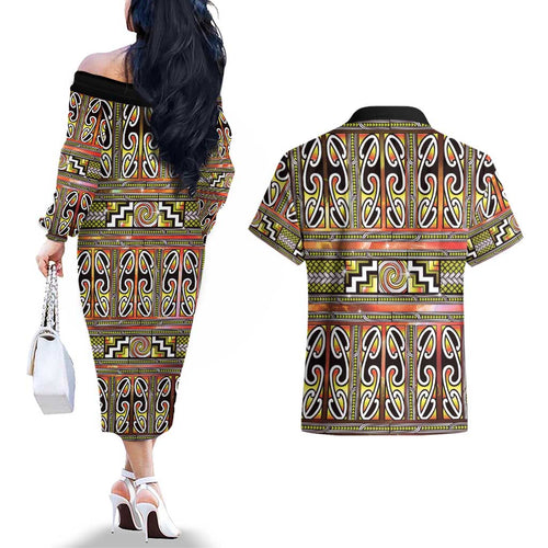 Maori Matariki Couples Matching Off The Shoulder Long Sleeve Dress and Hawaiian Shirt Yellow Galaxy Aesthetic Koru Art