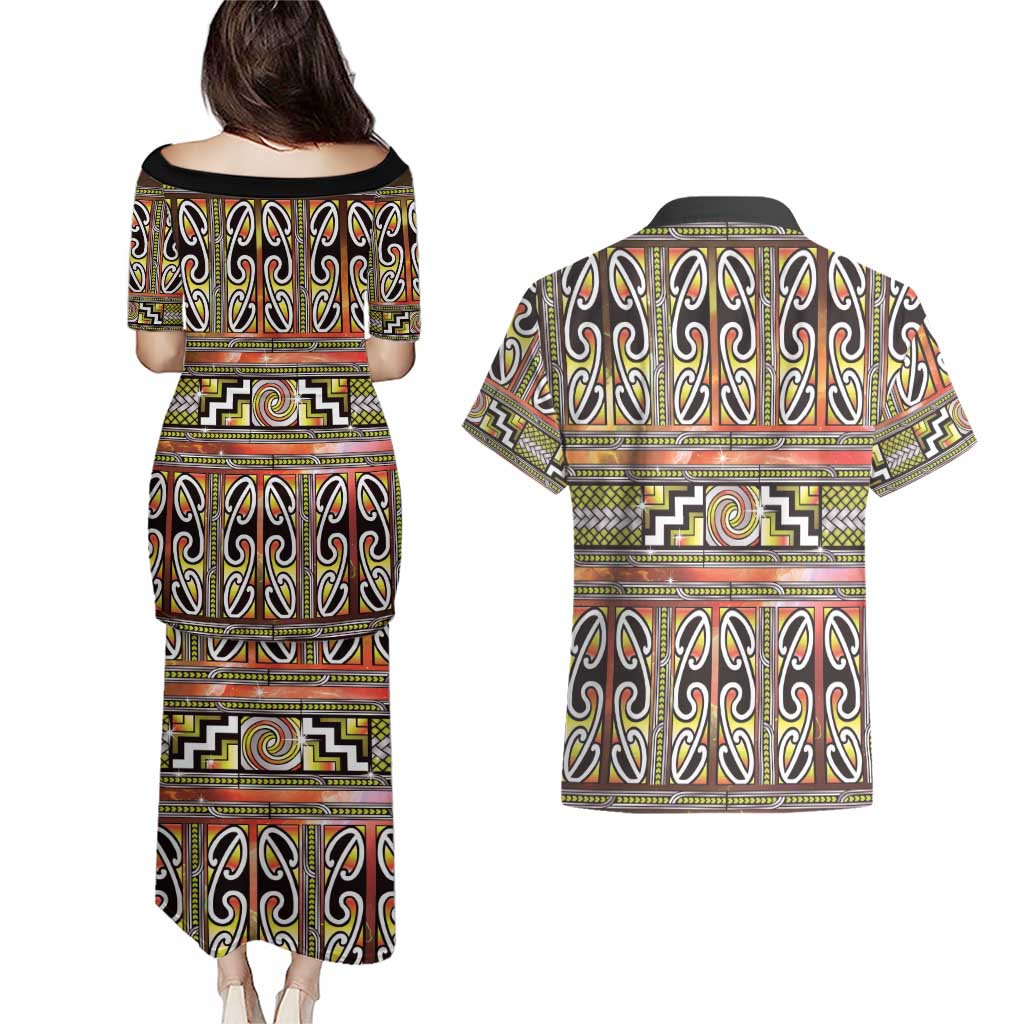 Maori Matariki Couples Matching Puletasi and Hawaiian Shirt Yellow Galaxy Aesthetic Koru Art
