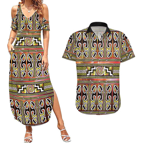 Maori Matariki Couples Matching Summer Maxi Dress and Hawaiian Shirt Yellow Galaxy Aesthetic Koru Art