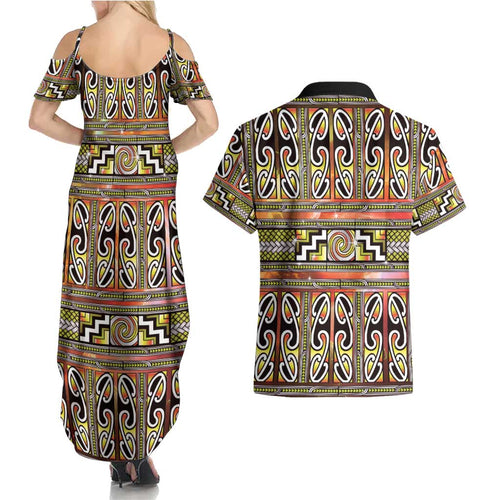 Maori Matariki Couples Matching Summer Maxi Dress and Hawaiian Shirt Yellow Galaxy Aesthetic Koru Art
