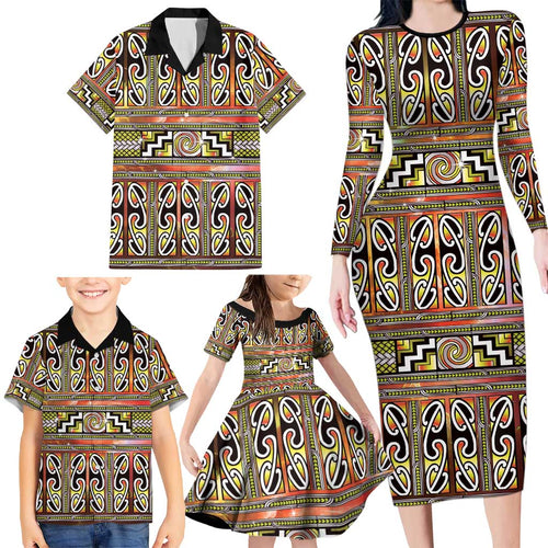 Maori Matariki Family Matching Long Sleeve Bodycon Dress and Hawaiian Shirt Yellow Galaxy Aesthetic Koru Art