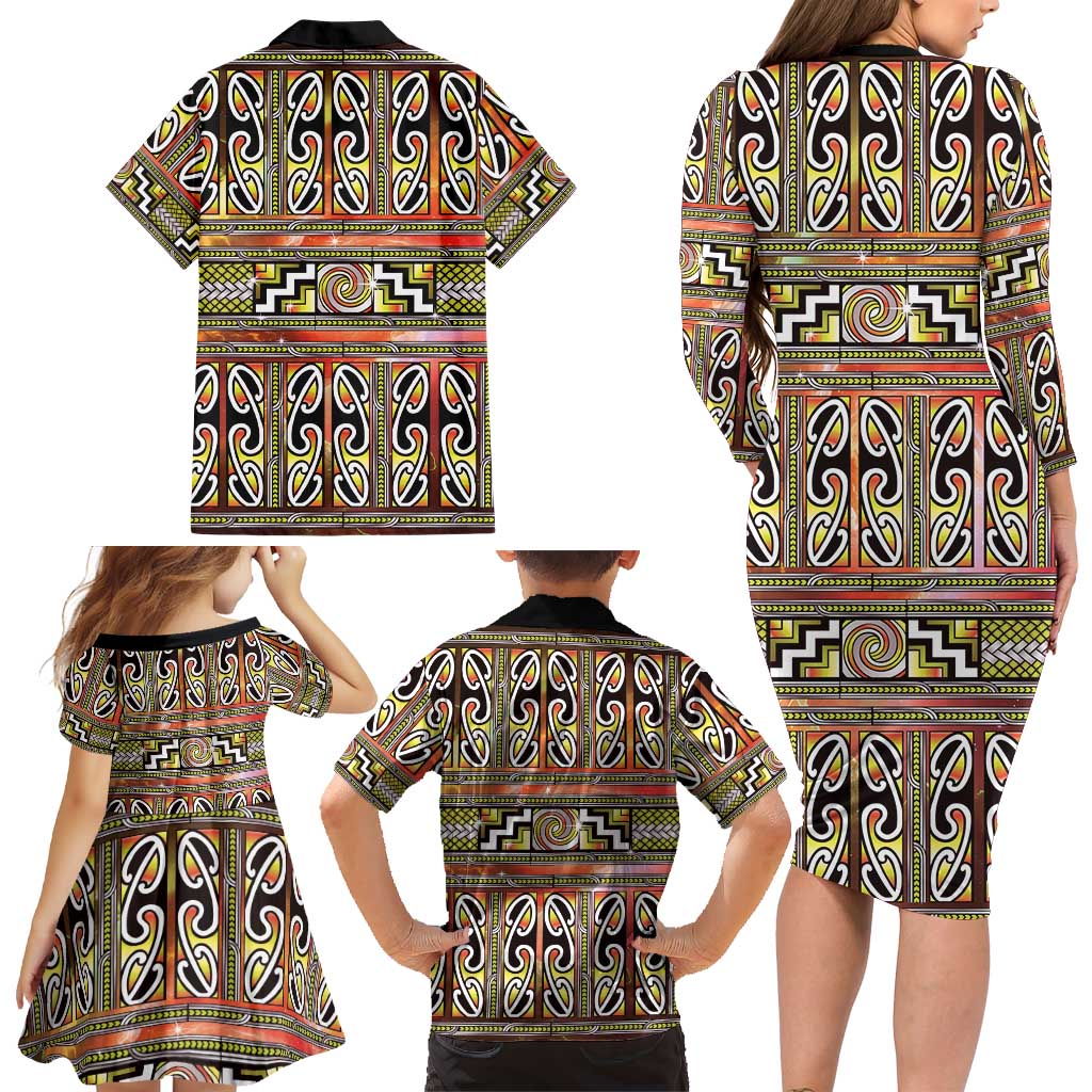 Maori Matariki Family Matching Long Sleeve Bodycon Dress and Hawaiian Shirt Yellow Galaxy Aesthetic Koru Art