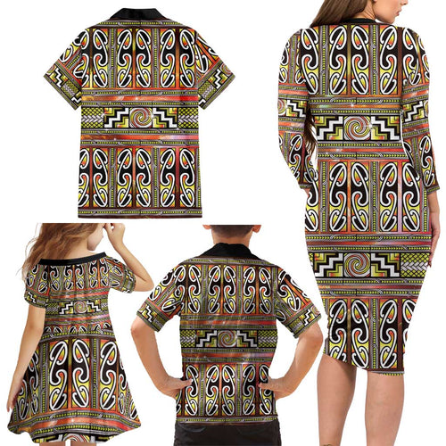 Maori Matariki Family Matching Long Sleeve Bodycon Dress and Hawaiian Shirt Yellow Galaxy Aesthetic Koru Art