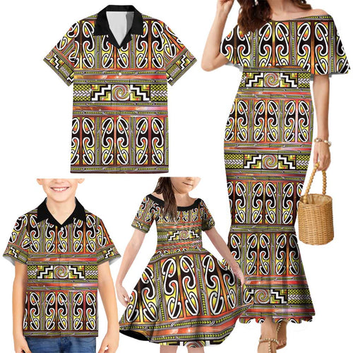 Maori Matariki Family Matching Mermaid Dress and Hawaiian Shirt Yellow Galaxy Aesthetic Koru Art