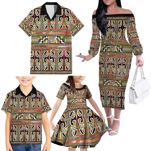 Maori Matariki Family Matching Off The Shoulder Long Sleeve Dress and Hawaiian Shirt Yellow Galaxy Aesthetic Koru Art