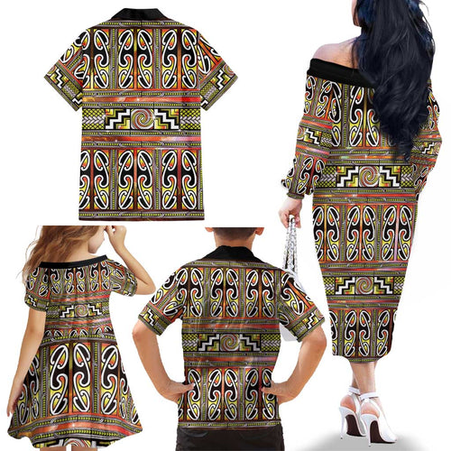 Maori Matariki Family Matching Off The Shoulder Long Sleeve Dress and Hawaiian Shirt Yellow Galaxy Aesthetic Koru Art