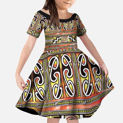 Maori Matariki Family Matching Off Shoulder Maxi Dress and Hawaiian Shirt Yellow Galaxy Aesthetic Koru Art
