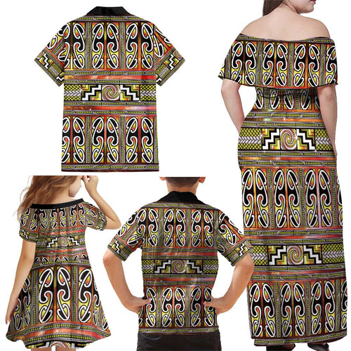 Maori Matariki Family Matching Off Shoulder Maxi Dress and Hawaiian Shirt Yellow Galaxy Aesthetic Koru Art