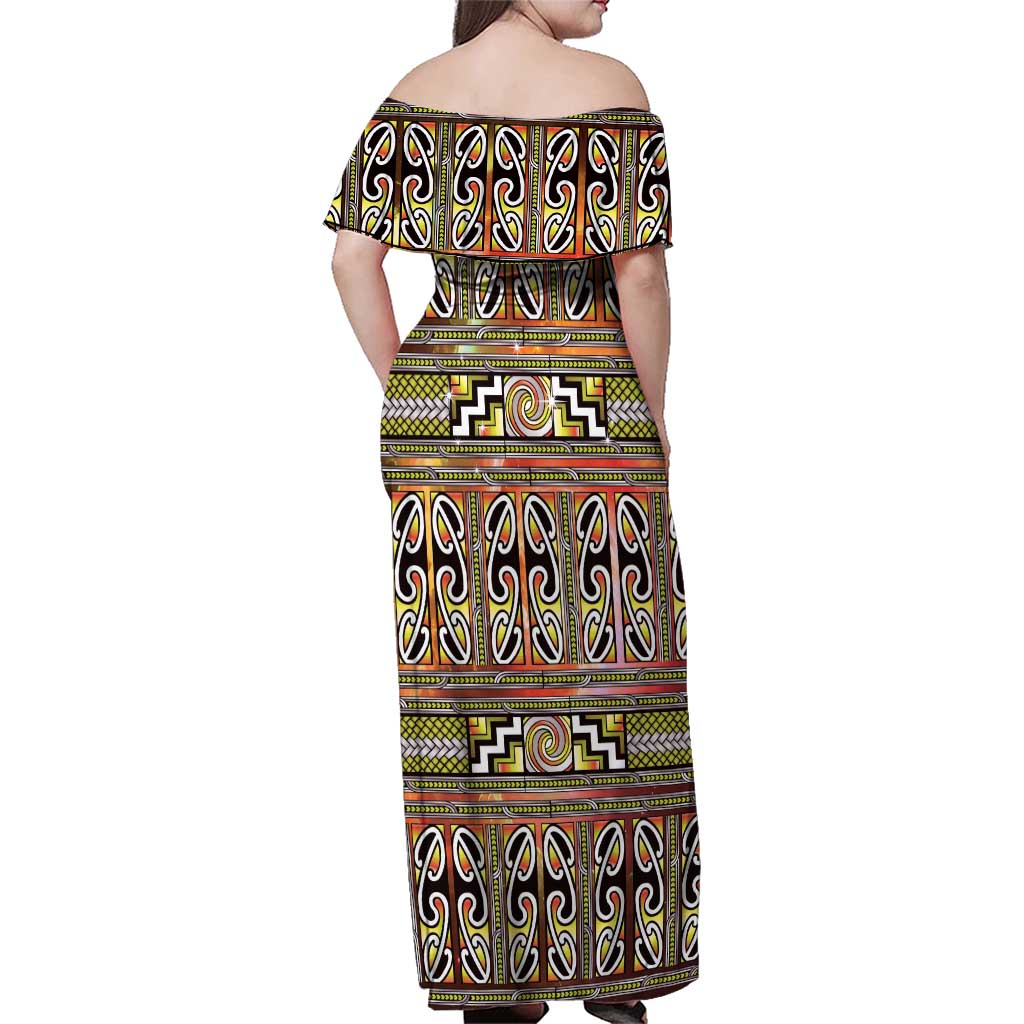 Maori Matariki Family Matching Off Shoulder Maxi Dress and Hawaiian Shirt Yellow Galaxy Aesthetic Koru Art