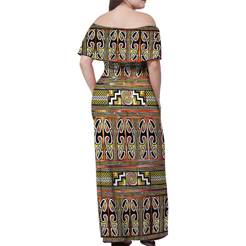 Maori Matariki Family Matching Off Shoulder Maxi Dress and Hawaiian Shirt Yellow Galaxy Aesthetic Koru Art