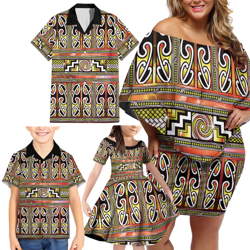 Maori Matariki Family Matching Off Shoulder Short Dress and Hawaiian Shirt Yellow Galaxy Aesthetic Koru Art