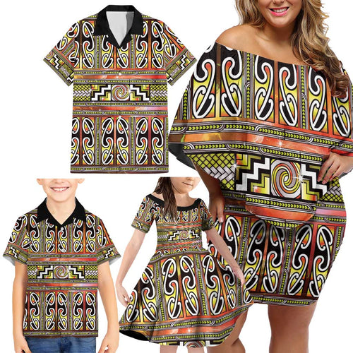 Maori Matariki Family Matching Off Shoulder Short Dress and Hawaiian Shirt Yellow Galaxy Aesthetic Koru Art