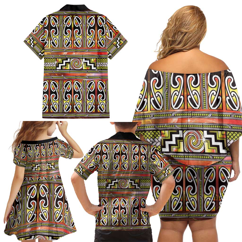 Maori Matariki Family Matching Off Shoulder Short Dress and Hawaiian Shirt Yellow Galaxy Aesthetic Koru Art
