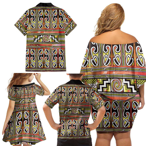 Maori Matariki Family Matching Off Shoulder Short Dress and Hawaiian Shirt Yellow Galaxy Aesthetic Koru Art