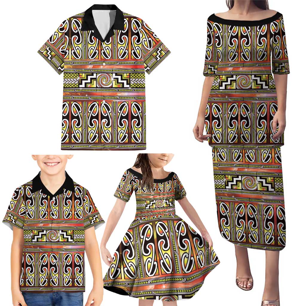 Maori Matariki Family Matching Puletasi and Hawaiian Shirt Yellow Galaxy Aesthetic Koru Art