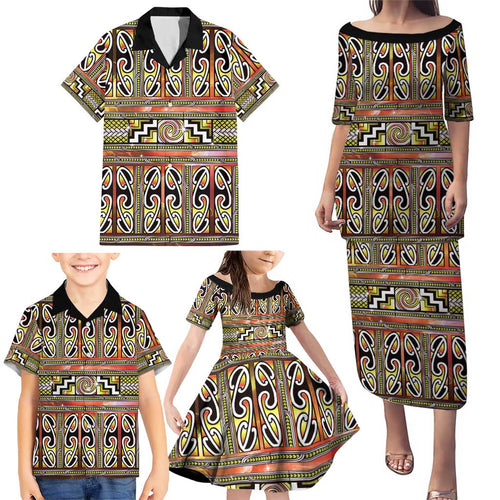 Maori Matariki Family Matching Puletasi and Hawaiian Shirt Yellow Galaxy Aesthetic Koru Art