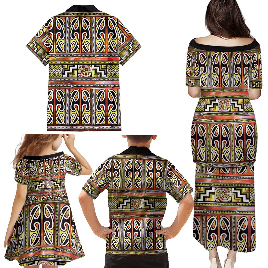 Maori Matariki Family Matching Puletasi and Hawaiian Shirt Yellow Galaxy Aesthetic Koru Art