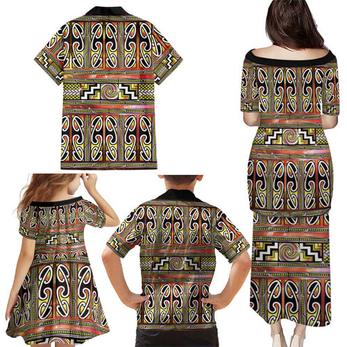 Maori Matariki Family Matching Puletasi and Hawaiian Shirt Yellow Galaxy Aesthetic Koru Art