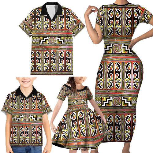 Maori Matariki Family Matching Short Sleeve Bodycon Dress and Hawaiian Shirt Yellow Galaxy Aesthetic Koru Art