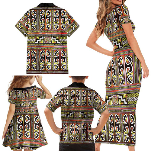 Maori Matariki Family Matching Short Sleeve Bodycon Dress and Hawaiian Shirt Yellow Galaxy Aesthetic Koru Art