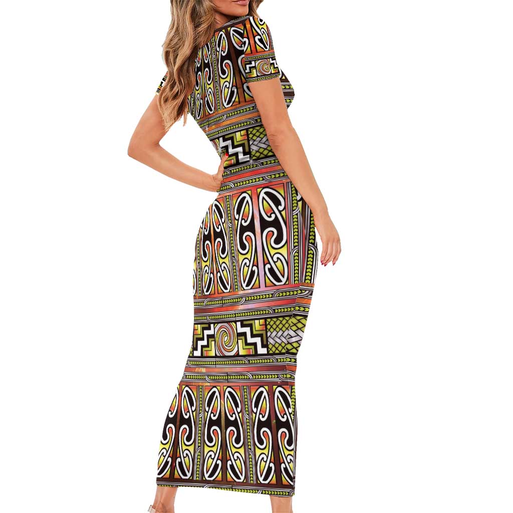 Maori Matariki Family Matching Short Sleeve Bodycon Dress and Hawaiian Shirt Yellow Galaxy Aesthetic Koru Art